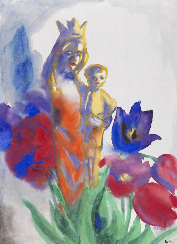 Emil Nolde - Madonnenfigur mit Kind und Tulpen