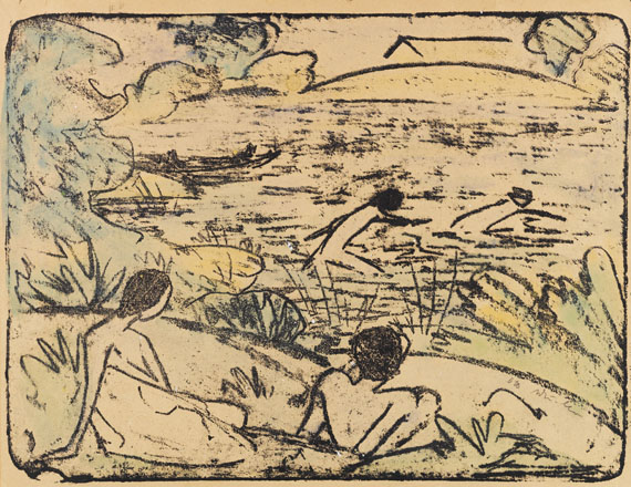 Otto Mueller - Badeszene mit vier Figuren, Haus und Boot