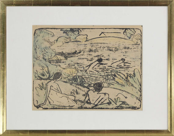 Otto Mueller - Badeszene mit vier Figuren, Haus und Boot - Frame image