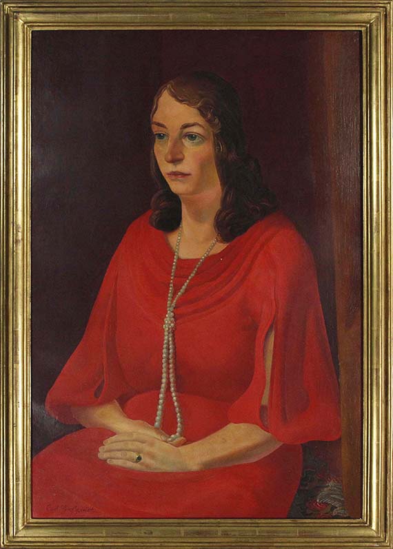 Curt Grosspietsch - Porträt einer Dame mit Perlenkette im roten Abendkleid - Frame image