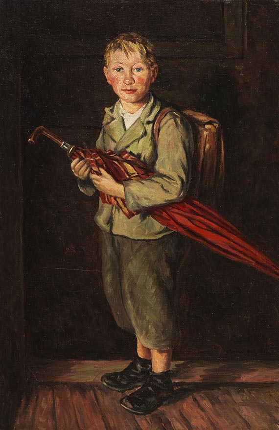 Franz von Defregger - Schulbub mit großem roten Schirm