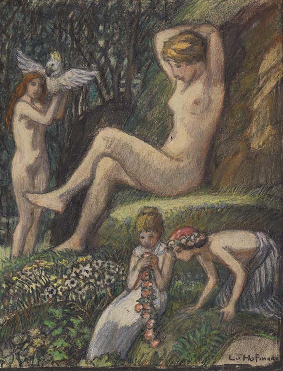 Ludwig von Hofmann - Frühlingsidylle mit Badender und Blumenkindern