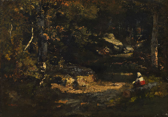 Narcisse-Virgile Diaz de la Pena - Femme assise sur un tronc d'arbre / Sous-bois à Fontainebleau