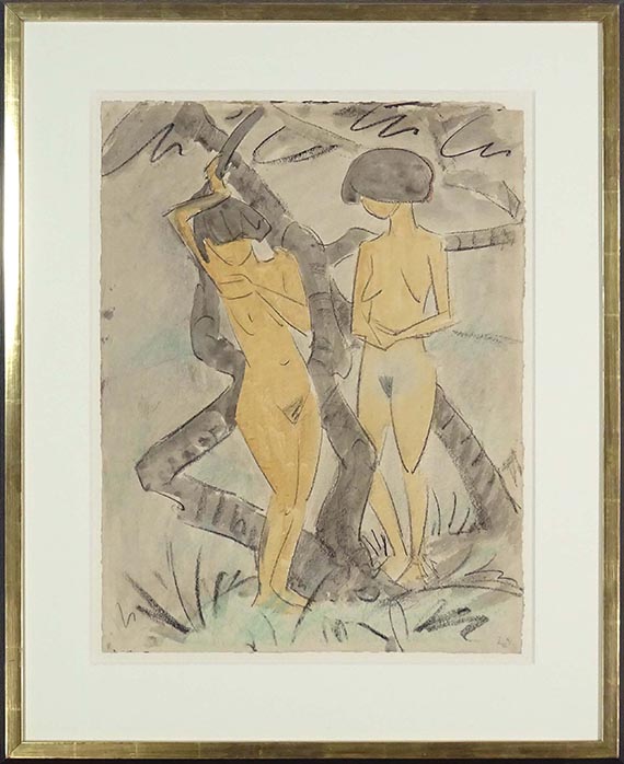 Otto Mueller - Zwei Mädchenakte (Zwei stehende Mädchenakte unter Bäumen / Zwei Mädchen neben Baumstämmen stehend) - Frame image