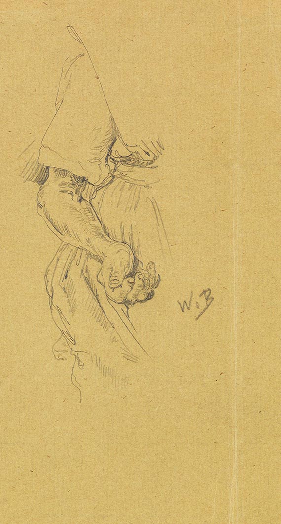 Wilhelm Busch - 4 Bll.: Handstudie (Bl. 1). Hand- und Gewandstudie (Bl. 2). Rückenmuskelstudien (Bl. 3). Arm- und Gewandstudie (Bl. 4) - 