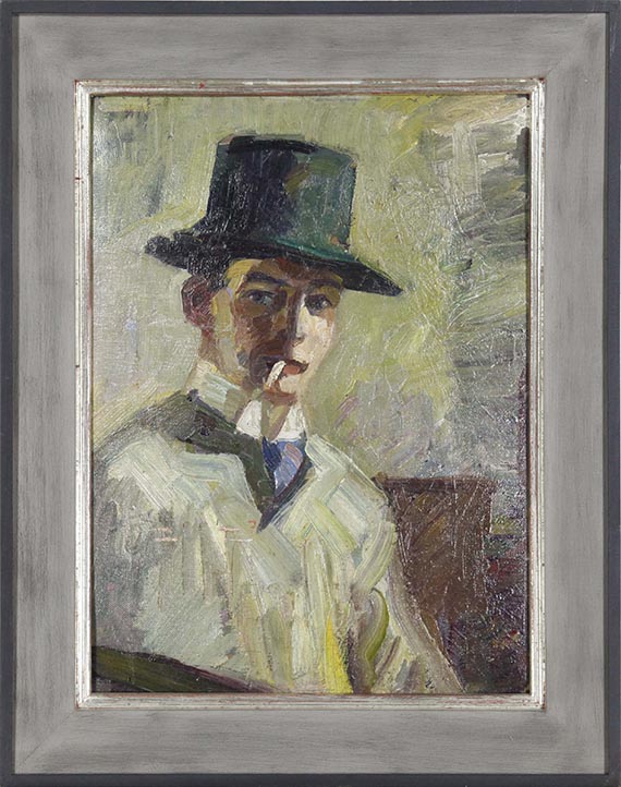 Hermann Stenner - Selbstbildnis mit hohem Hut und Zigarette - Frame image