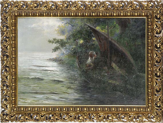 Hans Thoma - Auf der Jagd (Geistlicher im Ruderboot, am Seeufer Enten auflauernd) - Frame image