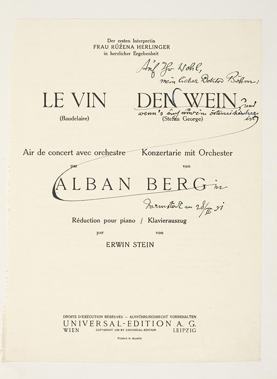 Alban Berg - Partitur von Der Wein. Handexemplar von Karl Böhm - 