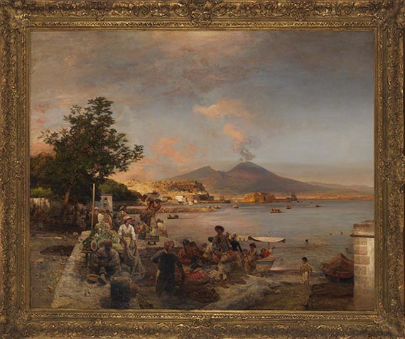 Oswald Achenbach - Marktszene bei Neapel mit Blick auf den Vesuv - Frame image