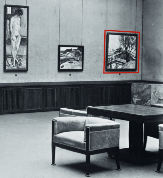 Illustration for: Exhibition view: Edvard Munch - Paul Gauguin, Kunsthaus Zürich, Zurich 1932, with the present painting "Das rote Haus“.