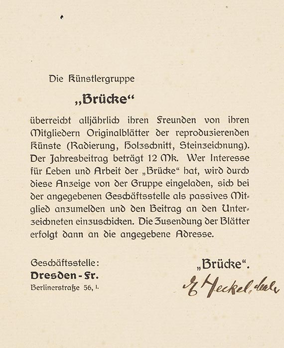 Erich Heckel - Mitgliederwerbung der Künstlergruppe "Brücke" (4 Bll.) - 
