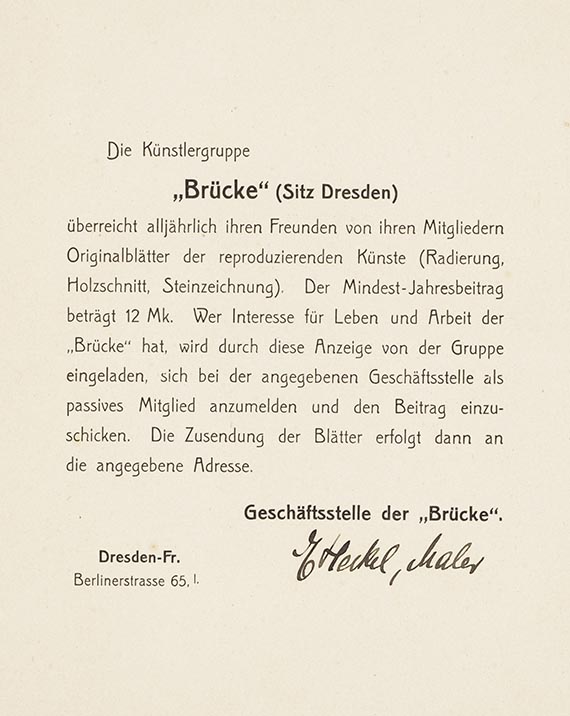 Erich Heckel - Mitgliederwerbung der Künstlergruppe "Brücke" (4 Bll.) - 
