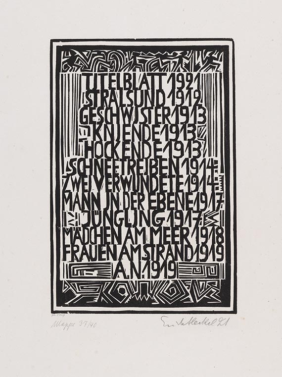 Erich Heckel - Umschlag, Titelblatt und Inhaltsverzeichnis der Mappe "Elf Holzschnitte, 1912-1919" - 