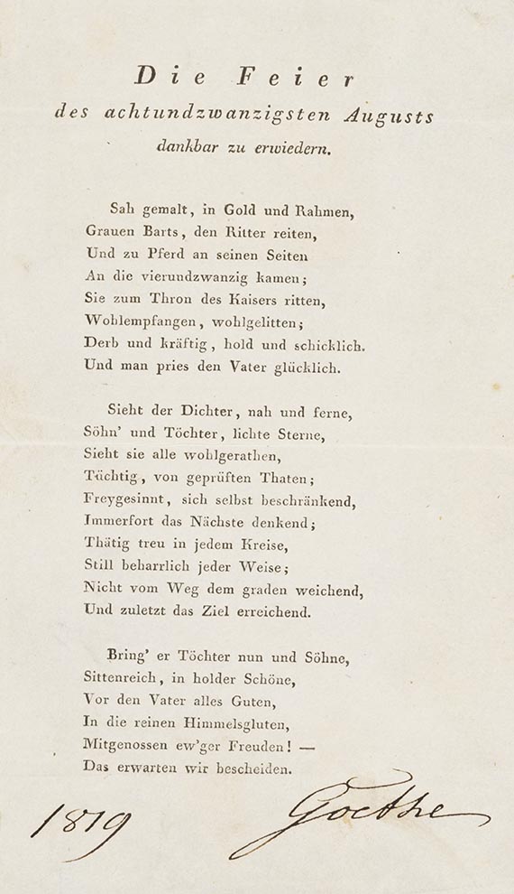 Johann Wolfgang von Goethe - Gedrucktes Gedicht mit eigh. Unterschrift