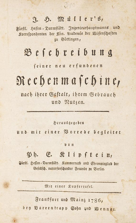 Johann Helfrich von Müller - Beschreibung seiner neu erfundenen Rechenmaschine - 