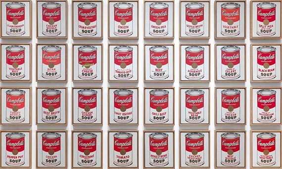 Illustration  for:   Andy Warhol, Campbell’s Soup Cans (32 pieces), 1962, acrylic on canvas, Museum of Modern Art, New York. © The Andy Warhol Foundation for the Visual Arts 