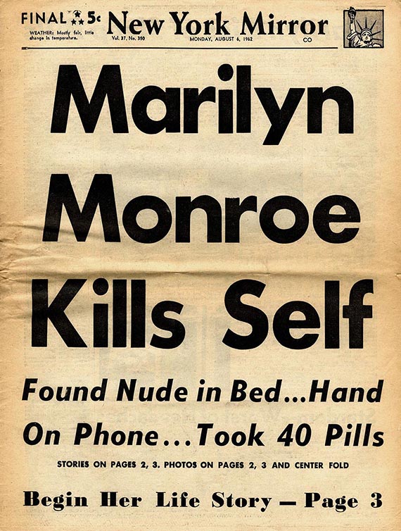 Illustration  for:  Headline about the death of Marilyn Monroe in the New York Mirror, August 6, 1962. 