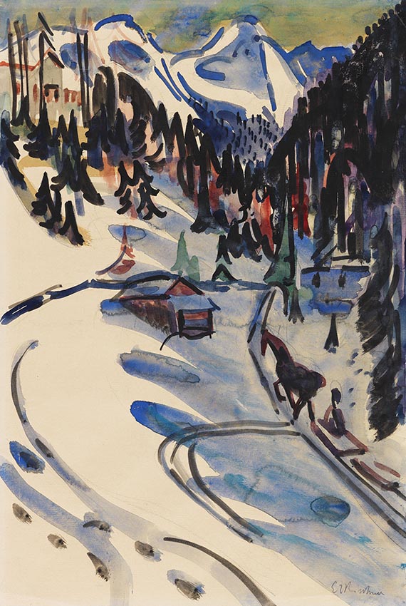 Illustration for: Ernst Ludwig Kirchner, Sertigtal im Winter, 1924/25, watercolor over pencil, auctioned at Ketterer Kunst, December 12, 2020.