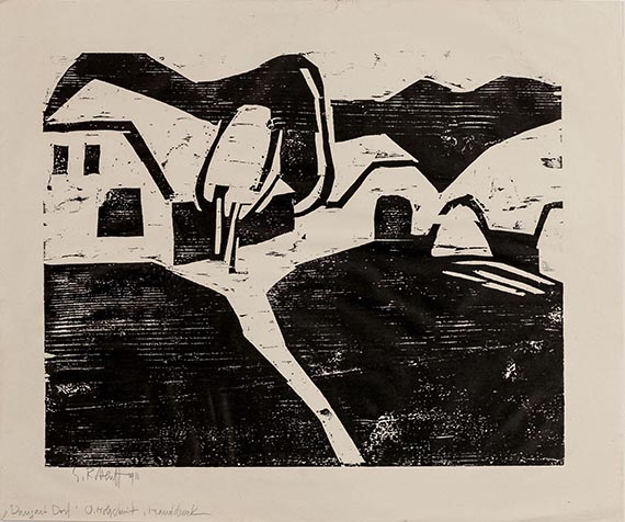 Illustration  for: Karl Schmidt-Rottluff, Dangast Dorf, 1911, Woodcut, Chemnitz Art Collection. &copy; VG Bild-Kunst, Bonn 2025