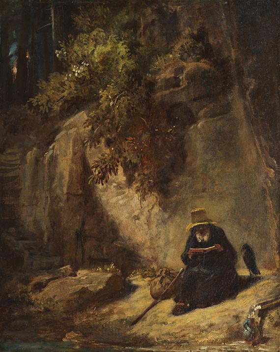 Carl Spitzweg - Lesender Einsiedler mit Raben in einer Schlucht