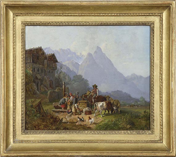 Heinrich Bürkel - Gebirgsdorf mit Brunnen. Im Hintergrund das Wettersteingebirge - Frame image