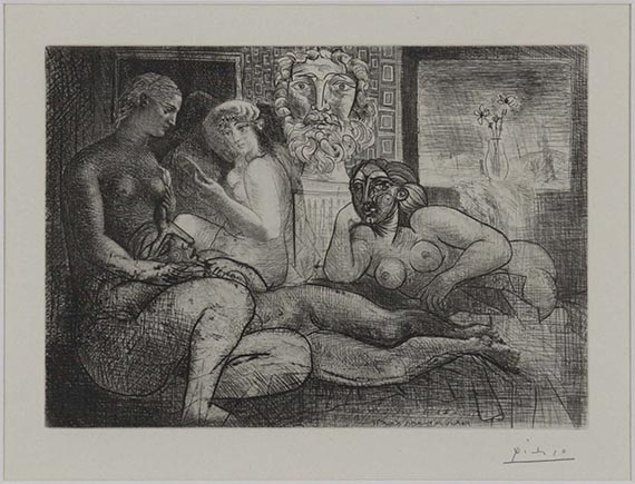Pablo Picasso - Quatre femmes nues et tête sculptée / Femmes entre elles avec voyeur sculpté clin d´oeil au bain turc - Frame image