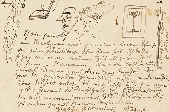 Macke, August - Eigh. Postkarte mit kl. Zeichnungen