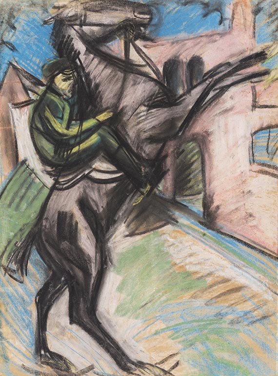 Ernst Ludwig Kirchner - Reiter auf scheuendem Pferd vor roten Häusern