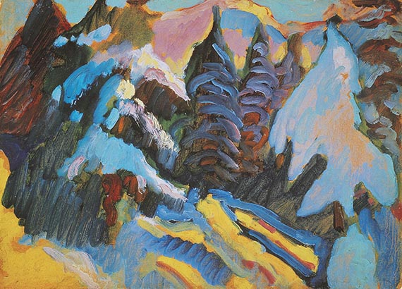 Illustration for: Wassily Kandinsky, Kochel – Verschneite Bäume (Kochel – Snow-laden Trees), 1909, oil on cardboard, Lenbachhaus München.
