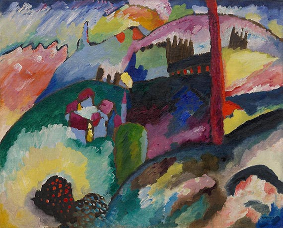Illustration for: Wassily Kandinsky, Landschaft mit Fabrikschornstein (Landscape with Factory Chimney), 1910, oil on canvas, Solomon R. Guggenheim Museum, New York.