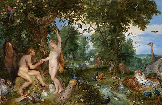 Illustration  for: Jan Brueghel the Elder/Peter Paul Rubens, Het aardse paradiis met de zondeval van Adam en Eva (The Garden of Eden with the Fall of Man), ca. 1615, oil on wood, Mauritshuis, The Hague.